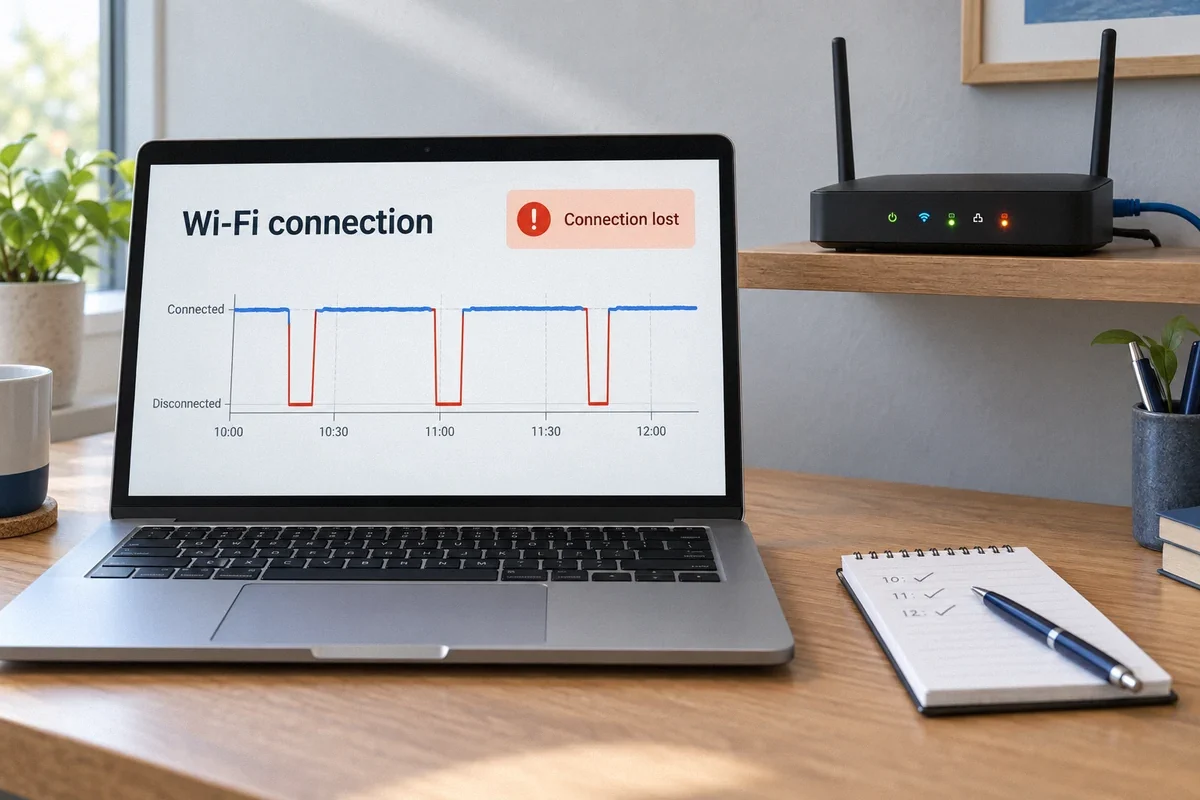 Illustration of a laptop showing repeated Wi-Fi connection losses beside a wireless router and an outage log