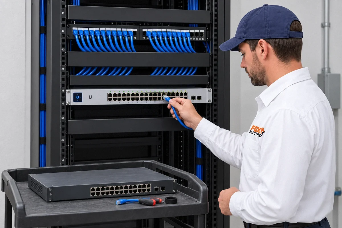 Illustration of a technician connecting a new UniFi switch, with the removed switch on a service cart