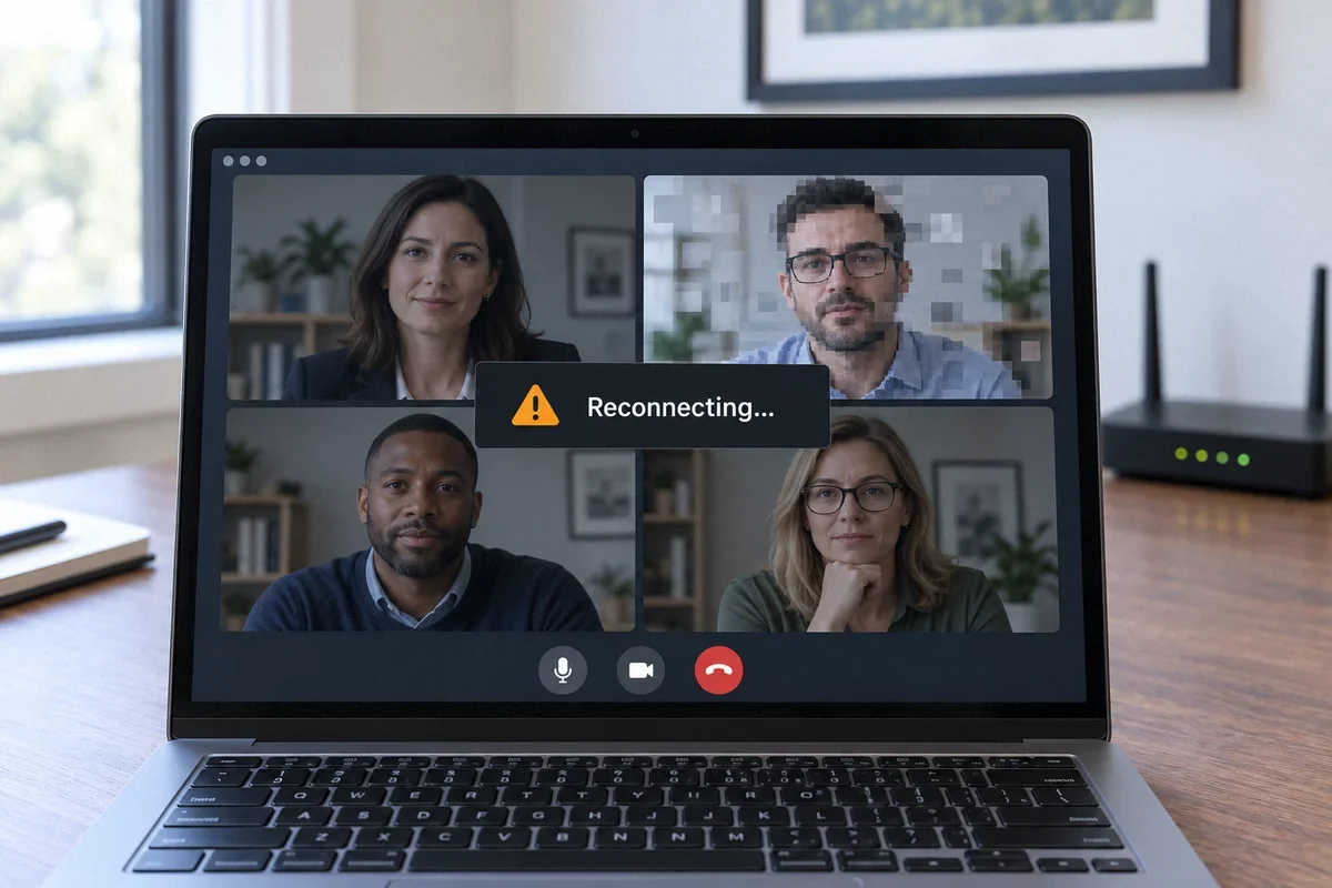 Illustration of a frozen video meeting on a laptop with a Reconnecting message