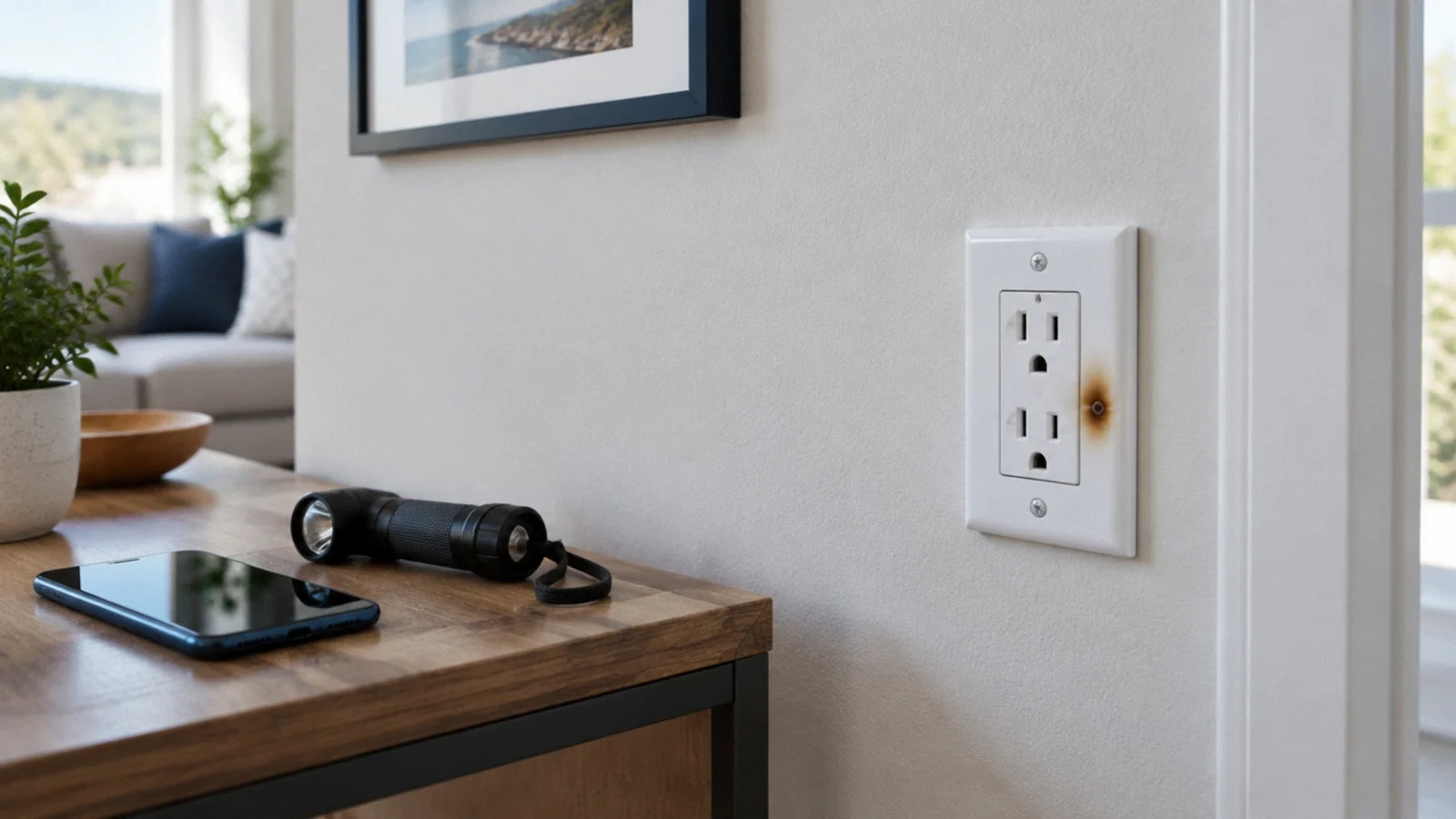 Illustration of damaged receptacle warning.