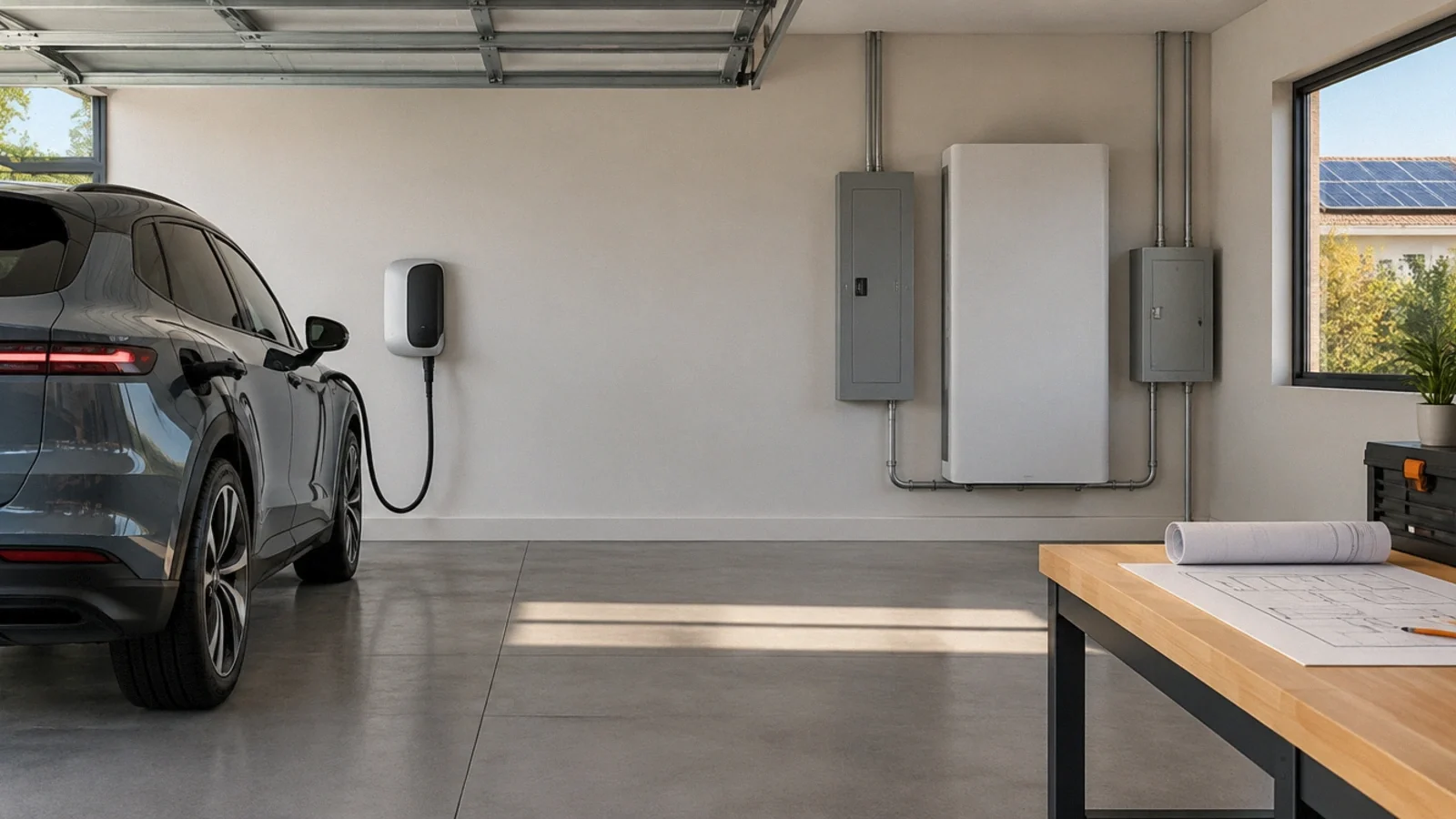 Illustration of ev charging with solar and storage.